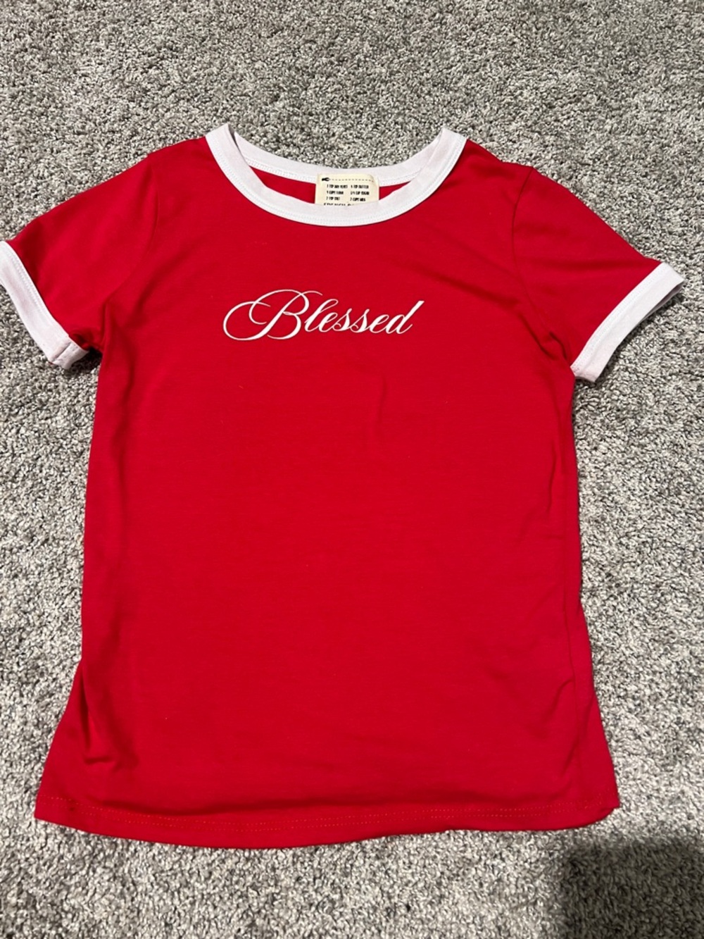 french pastry Red Tee with White Trim - "Blessed" Script